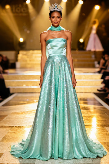 Sparkly Mint Green A Line Neck Scarf Sequin Long Pageant Dress